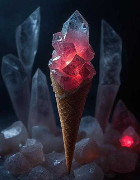 A cone of ice cream where each scoop is made of glowing crystal. The ice cream flows like liquid light, and the cone is crystallized, with sharp edges and geometric patterns. The scene is illuminated by a radiant, gem-like glow. <lora:SoulGemmed:1>