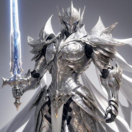 1man. male, solo, wearing silver armor, holding white weapon infront of him, holding sword, cape,  simple glowing background , HD, masterpiece, best quality, hyper detailed, ultra detailed,