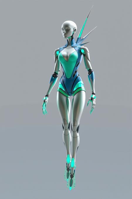 A high-quality 3D render showcasing a singular futuristic female humanoid robot designed for swimming and diving. The robot features a sleek and elegant design with a green Deep V bathing suit-style torso , distinct from the metallic body. The render highlights translucent turquoise joints and panels mimicking fish scales, with a long spiky back fin extending from the head down the back and buttocks. The hands and feet are webbed with subtle fins for propulsion. The robot is posed elegantly in a neutral stance to display the model details. The background is a blank gray uniform gradient, designed to focus attention entirely on the high-quality 3D model.