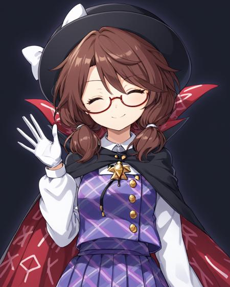 usami sumireko,1girl, solo, glasses, one_eye_closed, smile, long_sleeves, white_gloves, black_headwear, purple_vest, holding_card, looking_at_viewer, red-framed_eyewear, under-rim_eyewear, hat_bow, white_shirt, black_background, upper_body, black_cape, cloak, twitter_username, plaid_vest, plaid_skirt, closed_mouth, white_bow, ;\), high_collar, runes, low_twintails, clothes_writing, buttons, one-hour_drawing_challenge, hand_up, fedora
<lora:usami_sumireko_image1686_2023-12-20-000014:1>,star-shaped_pupils,symbol-shaped_pupils,. gorgeous,key visual, vibrant, studio anime,award-winning, professional, highly detailed,high budget, cinemascope