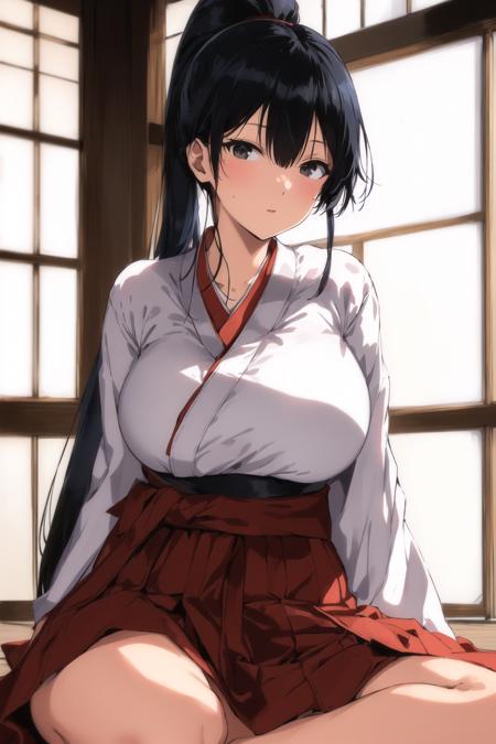 (day:1.7), in a room with a window,
sitting on the floor,
red_Hakama with white_kimono,japanese clothes,
 <lora:Shiramine_Kuou_Angel_Academy-KK77-V1:0.7>,
Black eyes, Black hair,bangs, Long_hair, High ponytail, 
1 girl, 20yo,mature female,Beautiful Finger,Beautiful long legs,Beautiful body,Beautiful Nose,Beautiful character design, perfect eyes, perfect face,
looking at viewer, in the center of the image,focus on face,
NSFW,official art,extremely detailed CG unity 8k wallpaper, perfect lighting,Colorful, Bright_Front_face_Lighting,
(masterpiece:1.0),(best_quality:1.0), ultra high res,4K,ultra-detailed,
photography, 8K, HDR, highres, absurdres:1.2, Kodak portra 400, film grain, blurry background, bokeh:1.2, lens flare, (vibrant_color:1.2)
(Beautiful,Large_Breasts:1.2), (beautiful_face:1.5),(narrow_waist),