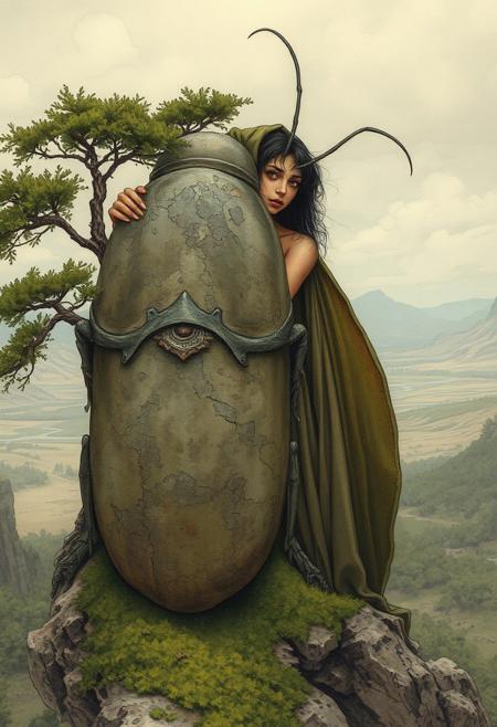 close up view of a seductress nymph perfect black hair Aphrodite hugging a huge weathered mossy lichen covered stone stature of a cockroach, style of oil painting frank frazzeta textures  and moebius line work inspired post-apocalyptic wasteland setting, era ancient future, tea and coffee stain painting water color stains, high quality ink illustration highly detailed with stark contrasts, solo under a lush cedar tree on a dew damp verdant mossy outcrop viewing a vast valley, lush alien landscape with sandy deserts, their cloak billowing in the wind, ¬the sky above them is filled with swirling clouds in muted grays nimbus clouds,