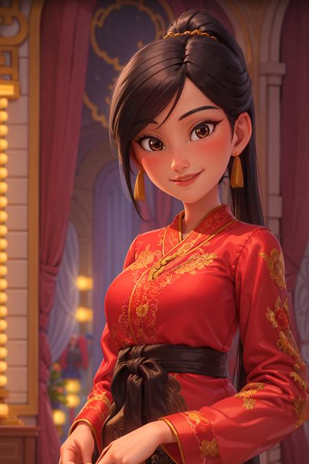 portrait, looking at viewer, smile, parted lips,
1girl, solo, blunt ends, brown eyes, ponytail,
intricate qipao, floral pattern, mandarin gown, velvet gown, medium breasts, jewelry,
outdoors, courtyard, china,
volumetric lighting, masterpiece, best quality
<lora:Mulan_ODD:0.6>