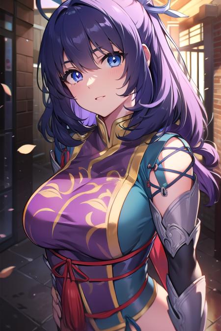 mao rixia, (purple eyes:1.1), purple hair, chinese clothes, gauntlets, mary janes, thighhighs,