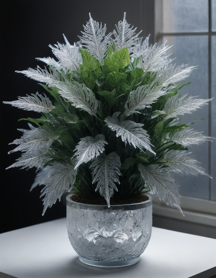 masterpiece, house plant, the leaves are made out of ice Crystal  <lora:mo:1>