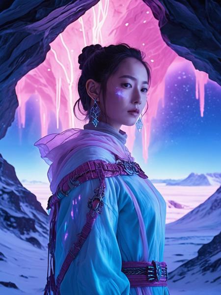 ,realistic, Skin Textures, High Resolution,chenyuqi woman,jewelry,earrings,<lora:chenyuqi_ejd_JuggXL_1-000020:0.6>,as A rogue hacker cracking encrypted systems in a neon-lit hideout , A vast tundra stretches beneath a canopy of shimmering auroras, its ice fields cracked and glowing with veins of pale light. A colorful palette of pastel pinks, blues, and lavenders dances across the horizon, framed by an elegant, abstract zentangle.