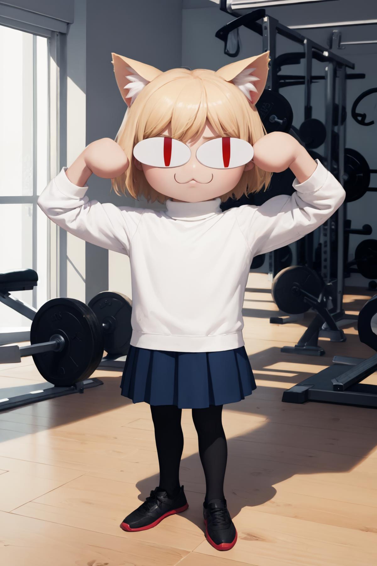 A cartoon image of a girl wearing a white shirt and blue skirt, posing with weights.