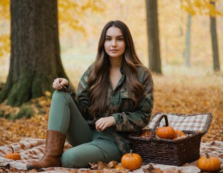 photograph landscape photography of a young woman with ((long hair)) In camo wear, military-inspired, blending in yet standing out., dressed in textured fabric, autumn leaves, picnic setting, carved pumpkins, basket, wine bottle, scattered fruits, woodland scenery, sitting, one knee raised, looking at camera, centered subject, eye-level shot, straight angle, clear perspective, in a dreamlike world where anything is possible and the impossible is real baroque, Neutral color palette, (solo focus, one frame), plasma, (detailed face:1.3), (hero view:1.2), shot on Nikon Z7 with Nikon Z 70-200mm f-2.8 VR S, 50mm . cinematic 4k epic detailed 4k epic detailed photograph shot on kodak detailed cinematic hbo dark moody, 35mm photo, grainy, vignette, vintage, Kodachrome, Lomography, stained, highly detailed, found footage, cinematic still landscape photography of a young woman with ((long hair)) In camo wear, military-inspired, blending in yet standing out., dressed in textured fabric, autumn leaves, picnic setting, carved pumpkins, basket, wine bottle, scattered fruits, woodland scenery, sitting, one knee raised, looking at camera, centered subject, eye-level shot, straight angle, clear perspective, in a dreamlike world where anything is possible and the impossible is real baroque, Neutral color palette, (solo focus, one frame), plasma, (detailed face:1.3), (hero view:1.2), shot on Nikon Z7 with Nikon Z 70-200mm f-2.8 VR S . emotional, harmonious, vignette, 4k epic detailed, shot on kodak, 35mm photo, sharp focus, high budget, cinemascope, moody, epic, gorgeous, film grain, grainy
