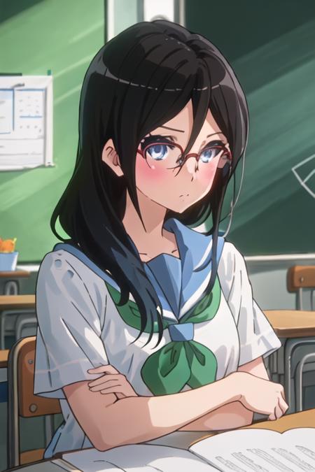 best quality, masterpiece, highres, solo, {tanaka_asuka_soundeuphonium:1.15}, black_hair, long_hair, glasses, blue_eyes, blush, red-framed_eyewear, serafuku, over-rim_eyewear, semi-rimless_eyewear, closed_mouth, hair_between_eyes, 1girl, brown_shirt, holding, holding_instrument, instrument, kitauji_high_school_uniform, neckerchief, sailor_collar, school_uniform, shirt, white_sailor_collar, looking_at_viewer, green_neckerchief