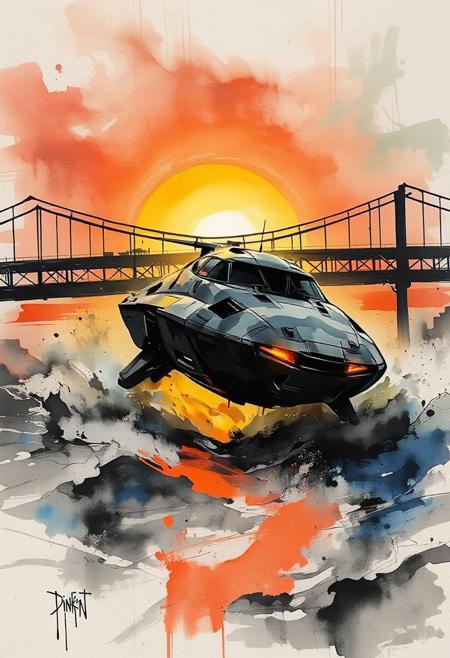 a_skynet_cyberdyne_craft, the image is featuring a, A dinkfsn style ink wash painting, intricate linework with expressive contrasts, gradient vibrant neon colour, rough, textural, broad brush strokes, a sleek military hovercraft in camouflage greys and blacks traversing rapidly across a choppy ocean, sunset, speeding under a suspension bridge