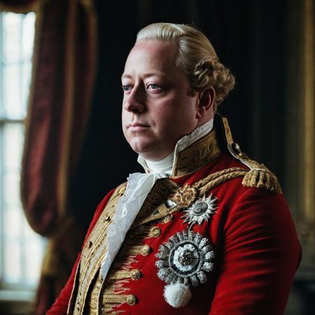 front shot, portrait photo of (( king george III )) , looks away, natural skin, skin moles, cozy interior, red 17th century attire, (cinematic, film grain:1.1)