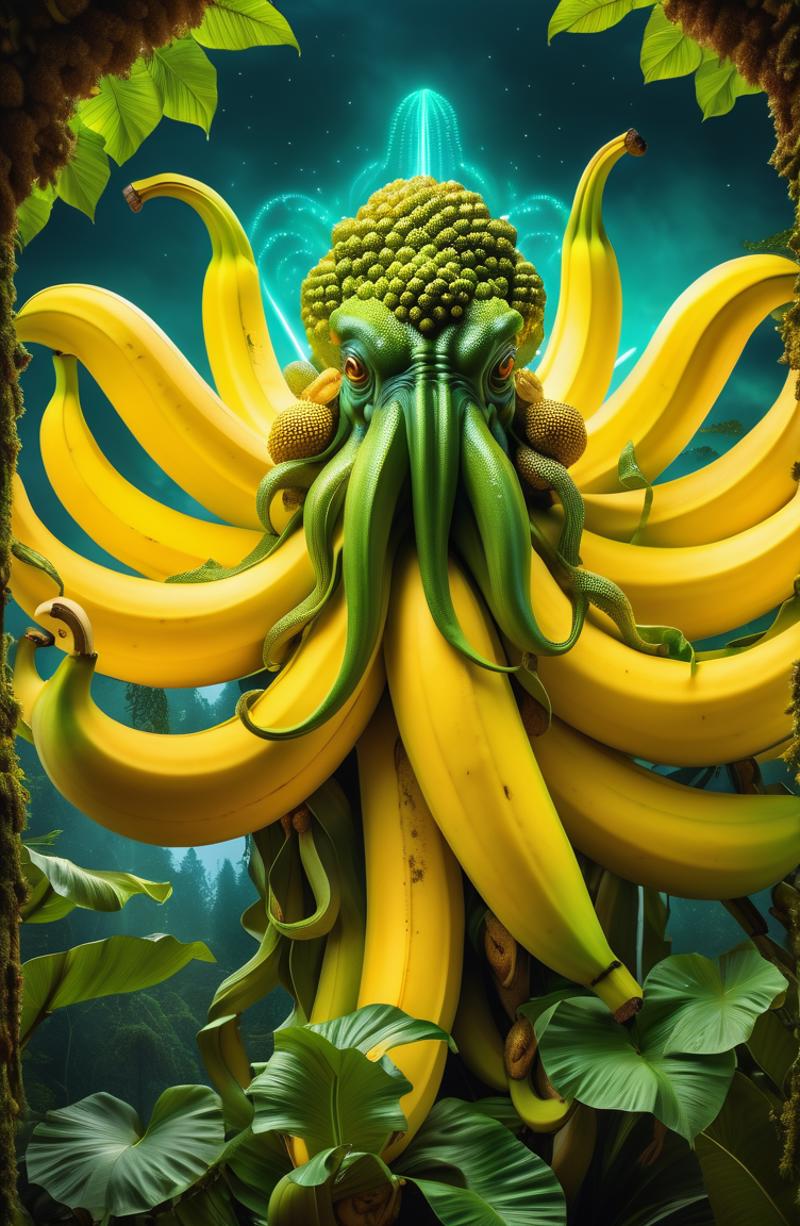 A giant banana monster with multiple eyes and tentacles made of bananas.