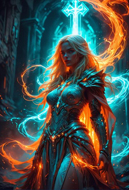 A fierce, ethereal female warrior with long, flowing blonde hair and a voluminous cloak and sexy armor stands in a misty, luminous labyrinth.  chiaroscuro, midjourneyv6.1, low-key, Neon Graffiti, Pixel Art, Luminescence, RGB Lighting, Low Angle, Orange Color, Teal Color, Prism Effect, Ceramic, Supernatural, By Garald Brom