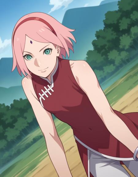 sakura haruno, short hair, green eyes, pink hair, hairband, facial mark, forehead mark, red hairband, navel, bare shoulders, jewelry, sleeveless, pants, bracelet, dress, red dress,