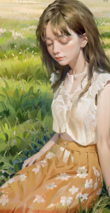 1girl, solo, closed eyes, outdoors, sitting, grass, sleeveless, skirt, faux traditional media, own hands together, dress, day, hands on lap, sky, realistic, oil painting<lora:water_lily:0.9:OUTALL>