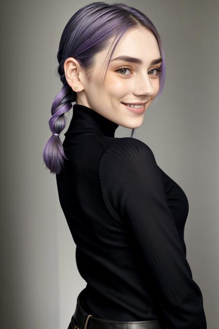 upper body <lora:MaryAmber_v1-000020:.9> MaryAmber, focus on smiling face, from behind wearing a turtleneck , her heliotrope color hair is styled as braided top knot,