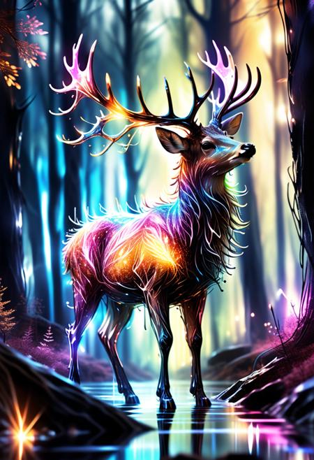 A mystical deer with antlers made of liquid crystal, shimmering with ScribbleRay energy, standing in a glowing forest <lora:sd_xl_dpo_lora_v1:0.8> <lora:MJ52:0.6> <lora:ScribbleRay-v2-000006:1.5>