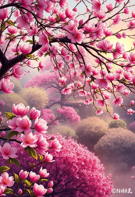A beautiful landscape reminiscent of a spring. A garden with a warm wind blowing. 
garden filled with blooming plum blossoms. 
You will be enchanted by the beautiful paintings. 
best quality, 8k, ultra-detailed, very aesthetic, superb composition, finest details, intricate details, absurdres, high contrast,