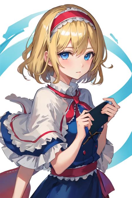 best quality, masterpiece, highres, solo, {alice_margatroid_touhou:1.15}, blonde_hair, short_hair, hairband, blue_eyes, capelet, 1girl, looking_at_viewer, simple_background, portrait, upper_body, white_background