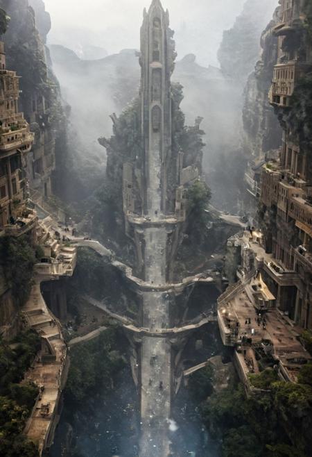 POV view , DOF,
(Ancient civilization, Alien Prometheus movie scene, dune movie scene:1.5), (The colonial city of the future, in the mist-filled Grand Canyon, on an unknown Earth-like planet, 2 moon on sky, Spaceship flight connects colonies, waterfulls:1.3), (Machu Picchu, a mountain settlement, incredibly spectacular:1.2), (Mario Botta:1.3), (avant-garde, future, reality, science fiction, photorealistic), (modern architecture:1.2), White limestone with black granite, fountain, waterfall, landmark, square, path, narrow street,
(Large Files, Ultra Realistic, 8K, 16k, FHD, HD, VFX, Perfect, Photography, composition, Architecture Sales Photography, Architecture Competition, Ultra High Resolution, Cinematography, High Resolution Image:1.1), (dramatic lighting, direct sunlight, ray tracing, clear shadow:1.2),  (real landscape:1.1), (blurred background:1.0), (urban background, more_details) ,
great lighting, clear, hillscastel, <stardeaf-cold-arc>, xtower, industrialbuilding
