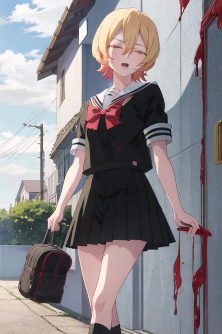 best quality, masterpiece, highres, solo, {tsuyuno_yatsumura_mahoushoujosite:1.15}, blonde_hair, short_hair, yellow_eyes, serafuku, hair_between_eyes, 1girl, blood, open_mouth, closed_eyes, school_uniform