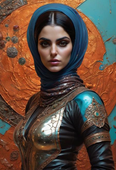 Persian color palette , Persian art, Persian girl, Persian, Iranian, Iran,photography in the style of detailed hyperrealism,Adrian Ghenie, cinematic composition, expressive, scifi,alien,iside halographic universe,Craig Davison, futuristic,  hyper detailed, intricate, poster,artstation