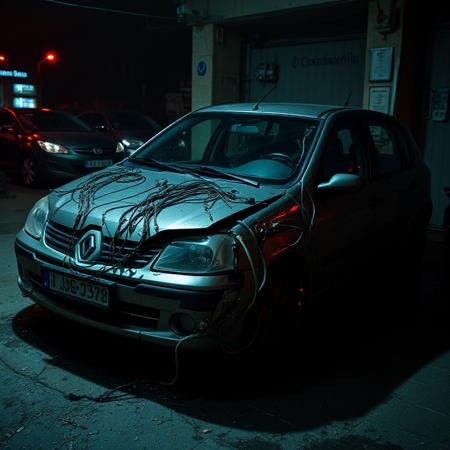 Infected renault logan shot. Russian town's garages area with one damaged renault logan, which appears to be possessed and infected with evil cybernetic infection, that covers half of the car with it's destructive tubes and wires. Cybernetic infection has a subtle red glowing accents. Night, dark environment. Accident photo, made in hurry and slightly blurred. Cheap android photo, posted on Facebook in 2010.