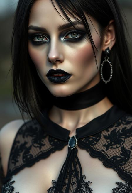 closeup portrait of goth vampire-esque woman goddess ATHENA mid 30s, thin fit, big boobs, jet black sleek hair, dramatic smokey eye makeup, high-neck black silken top, black lipstick, subtle tear-shaped face jewel, soft moonlight on pale skin, photorealistic  
closeup, photorealism, black hair, big boobs, thin fit, smokey eye, lace top, black lipstick, moonlight, one eye looks like an owls, golden  iris 
fullbigttgothgflady-mk.1