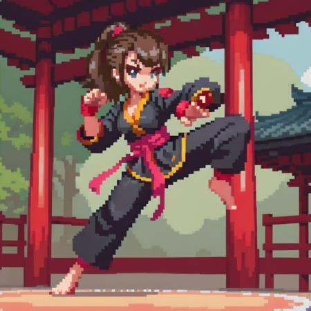 girl,Create an image of a martial artist with a well-proportioned, full figure in a cartoon video game style. The character should have a strong, athletic build, exuding both grace and power. They are dressed in a traditional martial arts uniform that accentuates their physique, with vivid colors and bold lines characteristic of cartoon aesthetics. The pose is dynamic, capturing a moment of action, perhaps a high kick or a powerful stance, with an expression of focus and determination. The background is a stylized dojo or an outdoor setting that complements the character's energy, <lora:pixelgirl:0.75>