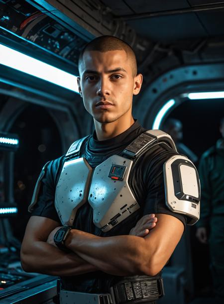 handsome,male,Lebanese,Mexican,buzz cut,27 years old,indoors,desolate spaceship,science fiction,realistic photograph,dynamic pose,cinematic_lighting,night,