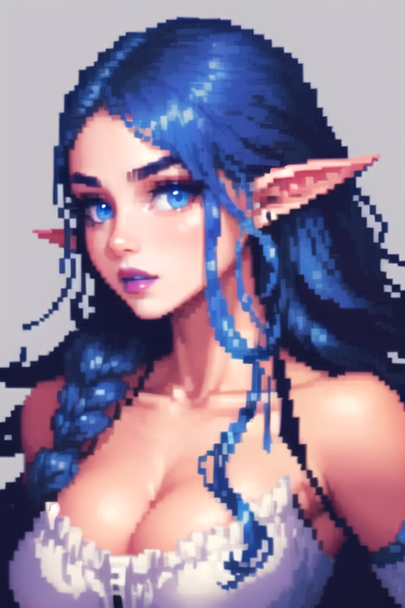 <lora:pixel:0.7>((pixelart))  1girl, solo, long hair, blue eyes, simple background, blue hair, collarbone, parted lips, pointy ears, black background, portrait, blue lips