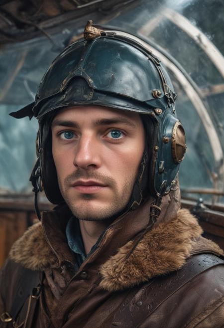 a beautiful strong-willed face is visible through the windshield of the cabin of the airship. The leather helmet of the airship pilot aesthetically fits into the cabin environment in the simpunk style. attentive blue eyes are staring intently. the copper hull of the ship is covered with a patina. the seals. arrow indicators. glass headlights. high detail, close-up, 32k UHD, cinematic photography, amazing detail, soft focus, full-length editorial shot, depth of field, supernatural, incredibly complex overdetalization, amazing depth, extensive details, add detail xl