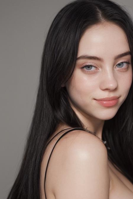 1girl, raw photo, realistic lighting, sharp focus on subject, close up, beautiful (billie), smile, long hair, black hair, detailed face, glossy lips, detailed eyes, realistic skin texture, black dress, skin tight dress, dark background, large breasts,  <lora:BillieEilishDogu:1>