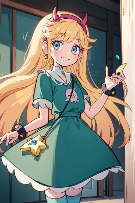 (masterpiece, best quality, high resolution:1.4), 1girl, woman, star butterfly, green squid outfit, horn hairband, smile, looking at viewer <lora:StarButterfly_v1.1:1>