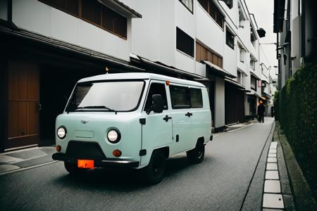 ((UAZSGR)), <lora:UAZSGR:.8>, (STANCE)  ((low-slung van)), on a narrow kyoto alley, japanese architecture, foggy street at night, bokeh, depth of field, 1 car,