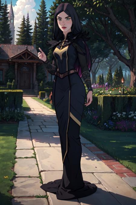 (Claudia), black dress, long hair, green eyes, purple magic, casting a spell,  (garden, brick path, trees), (realistic:1.2), (masterpiece:1.2), (full-body-shot:1),(Cowboy-shot:1.2), dark romantic lighting, (highly detailed:1.2), (detailed face:1.2), (gradients), colorful, detailed eyes, (natural lighting:1.2), solo, <lora:add_detail:0.3> <lora:DragonPrinceClaudia-10:0.8> <lora:BeautifulEyes:0.3>