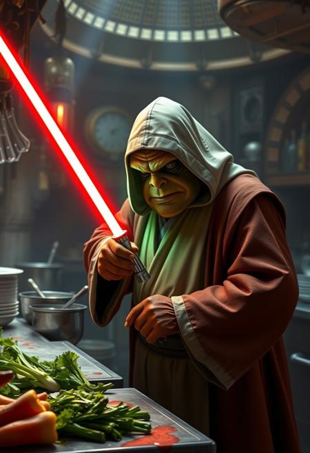A Jedi chef uses a lightsaber knife to chop vegetables in Jabba the Hutt's palace kitchen.
