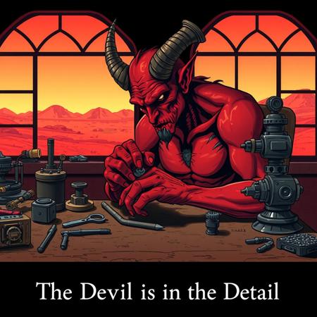 a red skinned demon, a look of intense concentration on his face, sits at his workbench as he makes a fine adjustment to the delicate mechanism in his hands. To one side of his bench his precision tools are neatly sorted and on the other several mysterious mechanical  devices are set out, in the background a large window looks out over a barren red desert and low hills. At the bottom a line of text "The Devil is in the Detail"