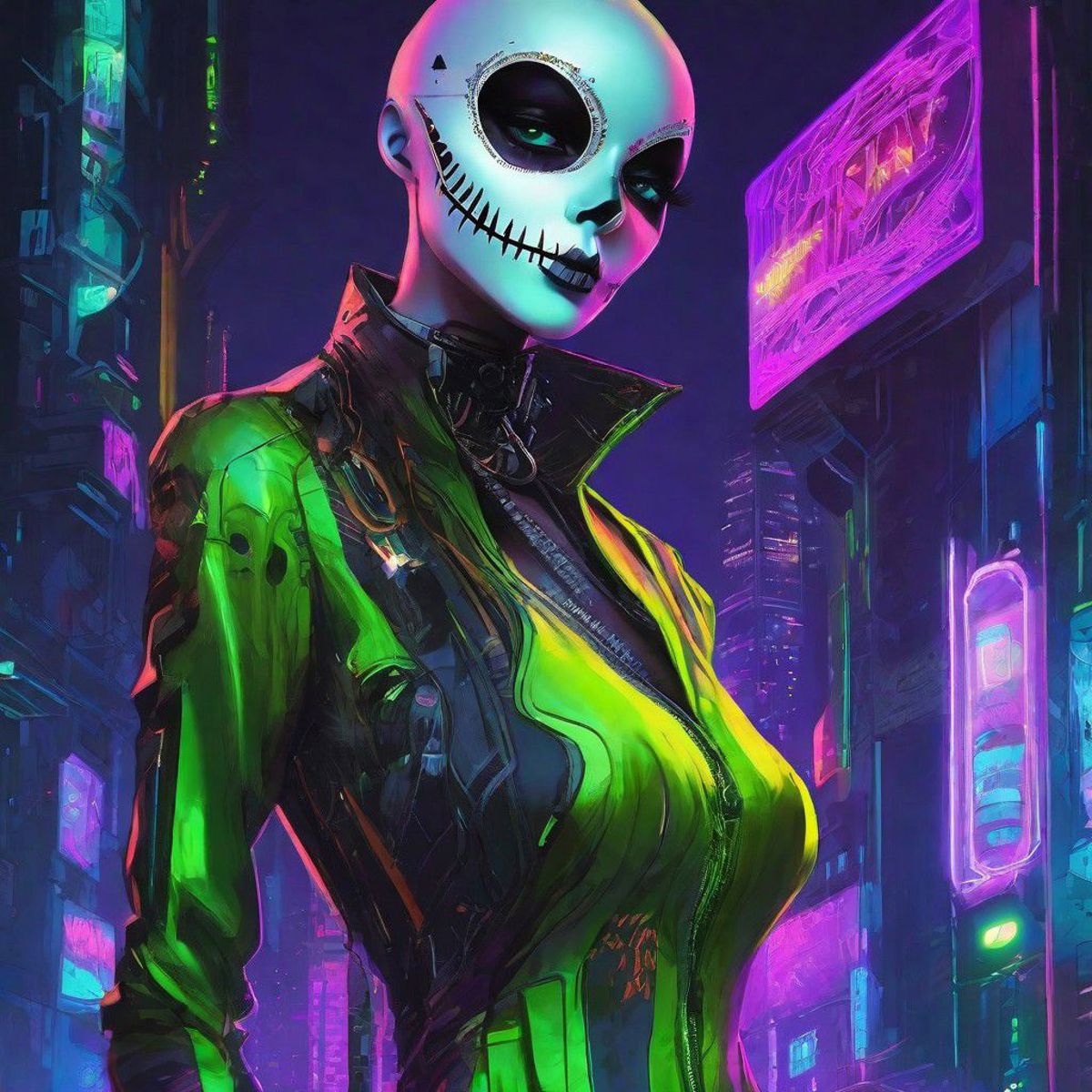 A woman in a green outfit with a skull face and a bustier.