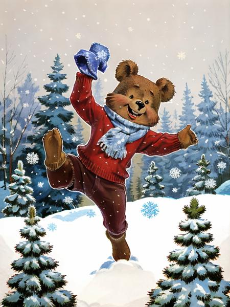 front view, bear jumping, snow, (sweater, knitted hat, scarf:0.8),  sunshine, day, snowfall, snowflakes, forest, paint by zarubin, <lora:zarubin:0.9>