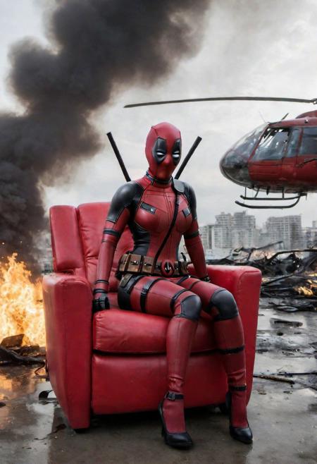 hyperrealistic art (((busty girl deadpool sit on red chair in front of burning helicopter, chaos))), ((reflections, exploding buildings, storm, wet)), slim body, (huge breasts), (breasts bursting out of costume), (full mask, full costume with cleavage cut away), extremely high-resolution details, photographic, realism pushed to extreme, fine texture, incredibly lifelike, huge tits