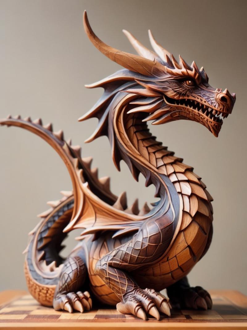 A wooden dragon statue with a spiky tail and a large head with a long tongue.