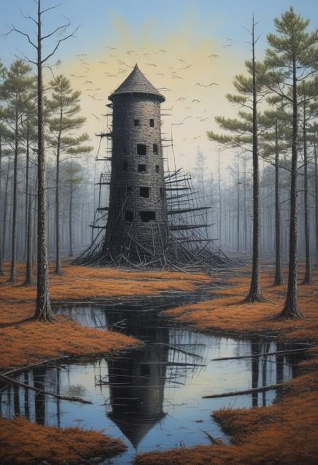 Surreal Landscape ,Creator Landscape,painting art,Pine barrens with charred tree skeletons,mayfly swarm over water,stone lime kiln structure,
extremely detailed,
detail xl,