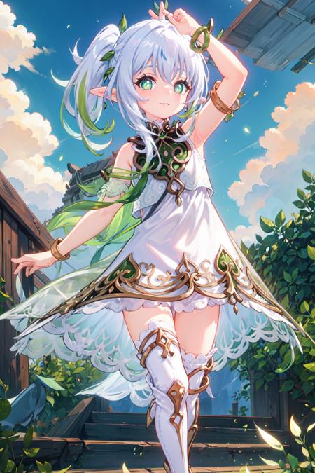 1 girl, solo, highres,one hand on own chest,looking at viewer, masterpiece,best quality, extremely detailed, perfect lighting, sunny, light tracing, detailed beautiful face, looking at viewer, white dress, see-through, thights, streaked hair, braid, pointy ears, side ponytail, thigh strap, thighhighs, multicolored hair, white hair, green hair, gradient hair, green eyes, symbol-shaped pupils,  bare shoulders, mature female, smile, grass, white bloomers, soft shadow, standing on one leg, stirrup legwear, one arm up, armpits, toeless footwear, <lora:nahidaGenshinImpactV1:0.7>