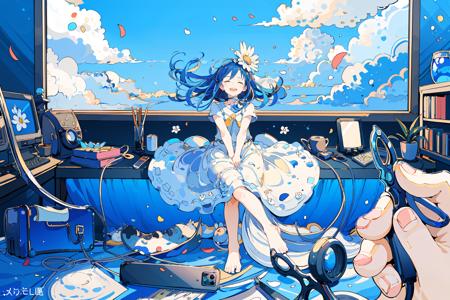 (masterpiece:1.2), best quality,PIXIV, 
fairy tale style, 1girl, flower, long hair, blue hair, dress, scissors, open mouth, >_<, holding, closed eyes, phone, monitor, barefoot, plant, short sleeves, solo
 <lora:fairy tale style-000016:0.8>