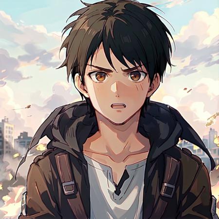 1boy, <lora:Eren Yeager:0.7>,highly detailed,high res, Eren Yeager,attack on titan,brown  hair,solo, 1boy, outside, detailed eyes, close up, full face, angry, destroyed city,flames.black smoke