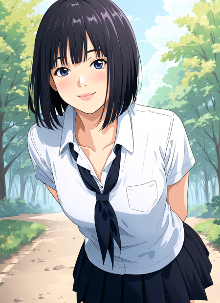 yakiyama line <lora:yakiyama_line_offset:1>, masterpiece, best quality, 1girl, , 1girl, solo, skirt, short hair, bob cut, leaning forward, nature, tree, looking at viewer, lips, school uniform, pleated skirt, arms behind back, smile