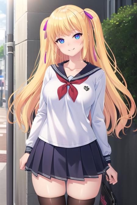 Tsugui Fumika blonde hair,long hair,twintails,two side up,hair ribbon,purple ribbon,sidelocks,bangs,blue eyes collarbone,school uniform,black sailor collar,white shirt,red neckerchief,large breasts,skindentation,impossible clothes,long sleeves,miniskirt,pleated skirt,black skirt,zettai ryouiki,black thighhighs,loafers