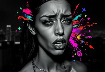 A hyper-realistic young woman with elongated facial features, her expression a mix of pain and confusion. Emotions—anger, joy, sadness—visibly spill from her eyes, mouth, and body as vibrant, abstract symbols. These symbols explode in vivid, electric colors, contrasting sharply with the black-and-white palette of the scene. Her skin alternates between crusted dryness and a shimmering, dewy sheen, creating an unsettlingly real texture.
The lighting is cinematic and refined, ensuring every detail stands out sharply, with a nod to elegance reminiscent of Coco Chanel but with an Andy Warhol flair—artsy, bold, and slightly rebellious. The shot uses Panavision anamorphic lenses, giving a wide, immersive view with delicate lens flares that enhance the dreamy quality.
Behind her, a dark city skyline glows faintly with neon lights, distorting slightly at the edges, adding to the claustrophobic, yet luxurious atmosphere. The scene feels intense, yet chic, balancing overwhelming emotion with a sense of artistic sophistication.