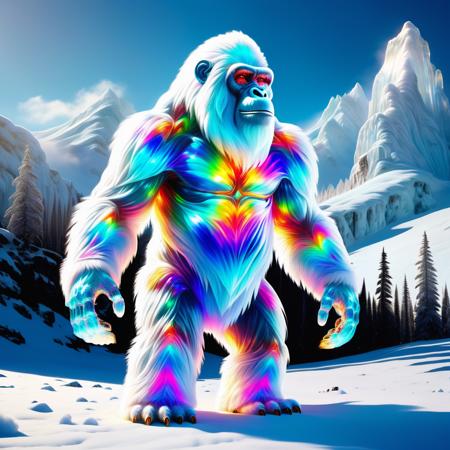 hyper detailed masterpiece, dynamic, awesome quality,DonMSp3ctr4lXL,transluscent yeti, large, 10 to 15 feet tall, ape-like being, white fur skin, snow, mountains, plains <lora:DonMSp3ctr4lXL:1>